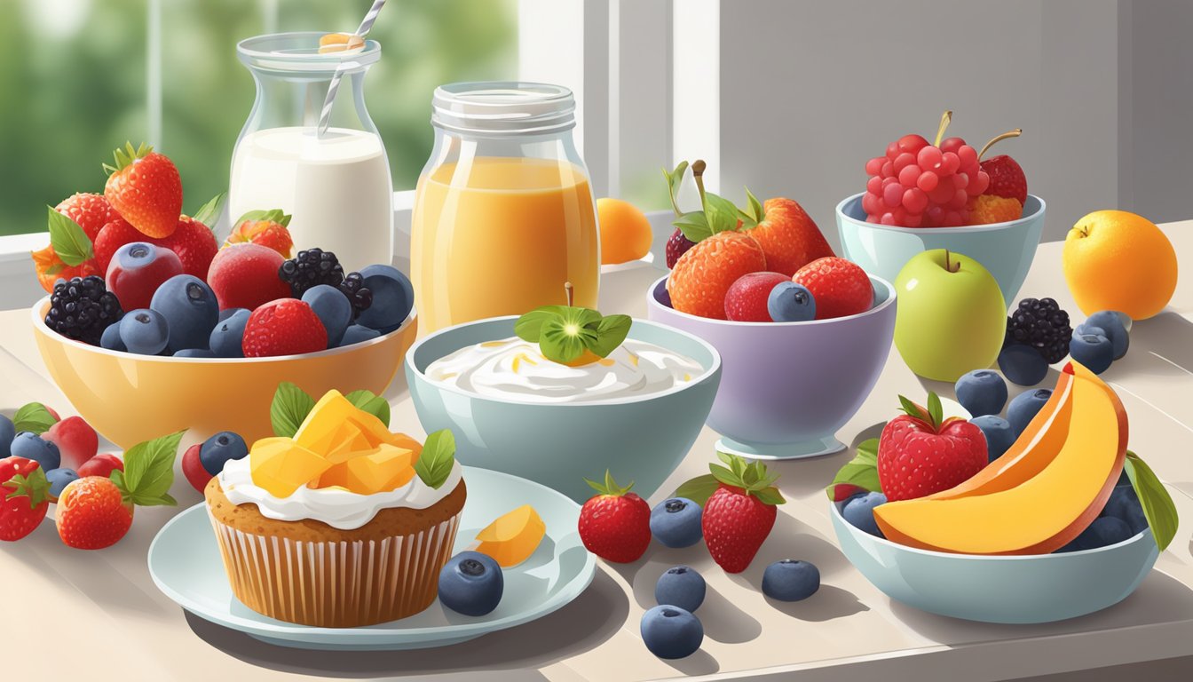 A colorful array of fresh fruits, whole grain muffins, and yogurt parfaits displayed on a modern breakfast table