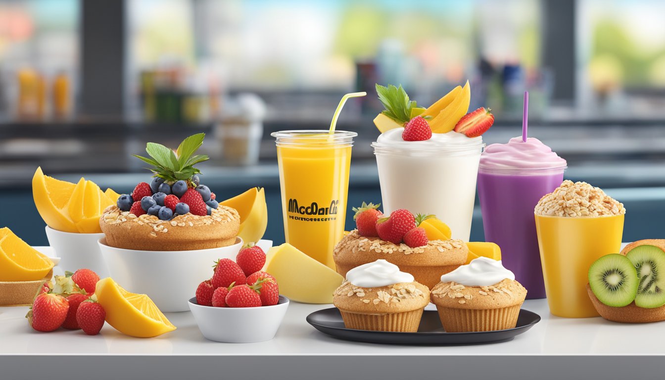 A colorful display of fresh fruits, whole grain muffins, and yogurt parfaits arranged on a sleek, modern breakfast counter at McDonald's