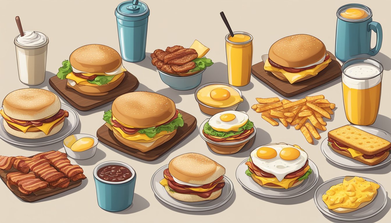 A table with McDonald's breakfast sandwiches and various customizable options, surrounded by ingredients like eggs, cheese, bacon, and sausage