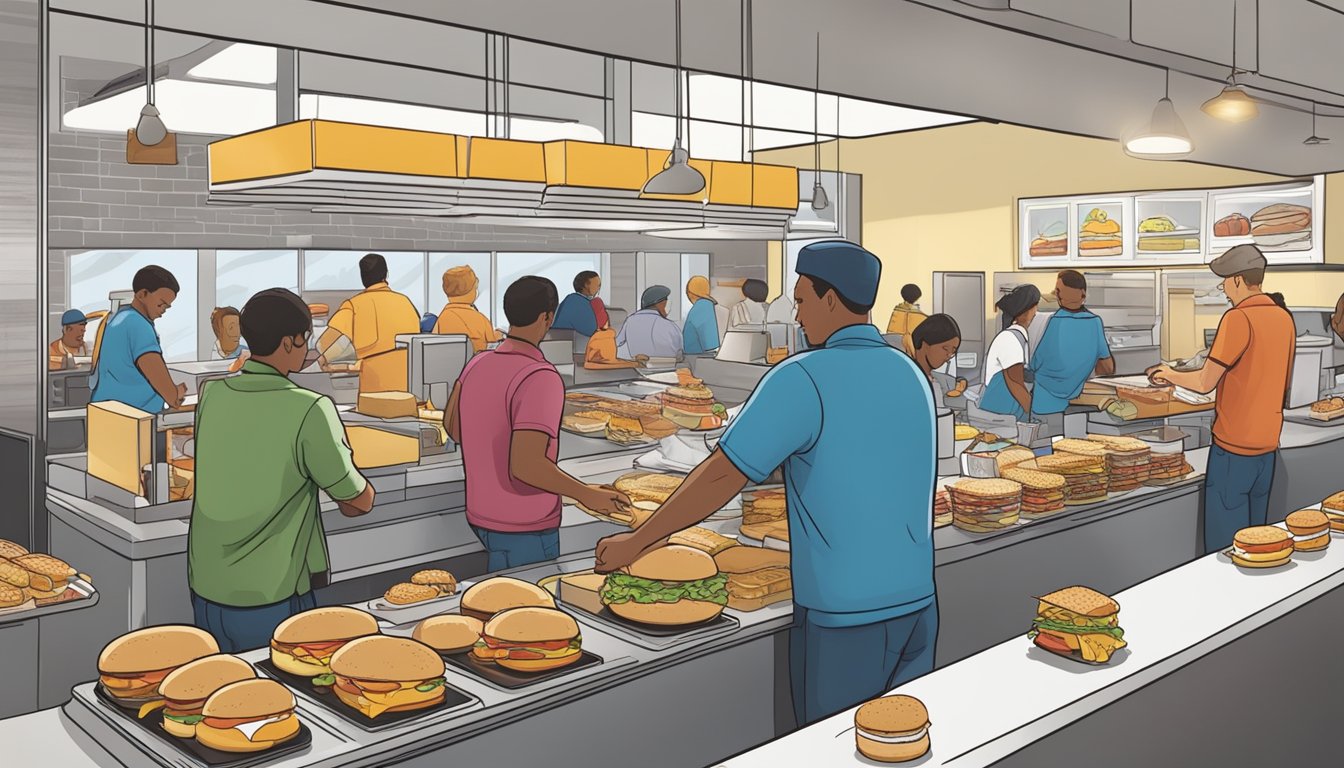 A bustling McDonald's breakfast rush, with workers efficiently assembling sandwiches while customers eagerly await their orders