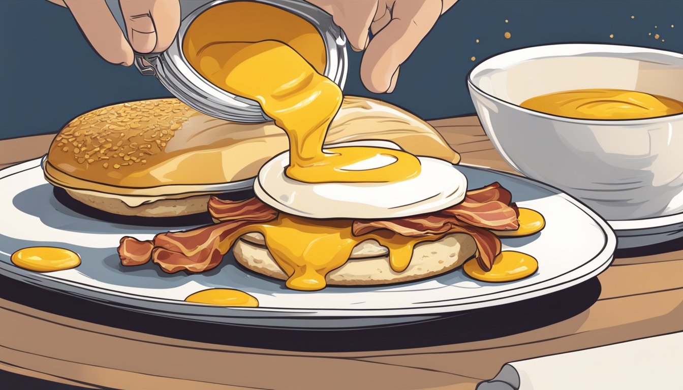 A chef's hand pours a swirl of golden sauce onto a breakfast sandwich, with ingredients like eggs, cheese, and bacon in the background