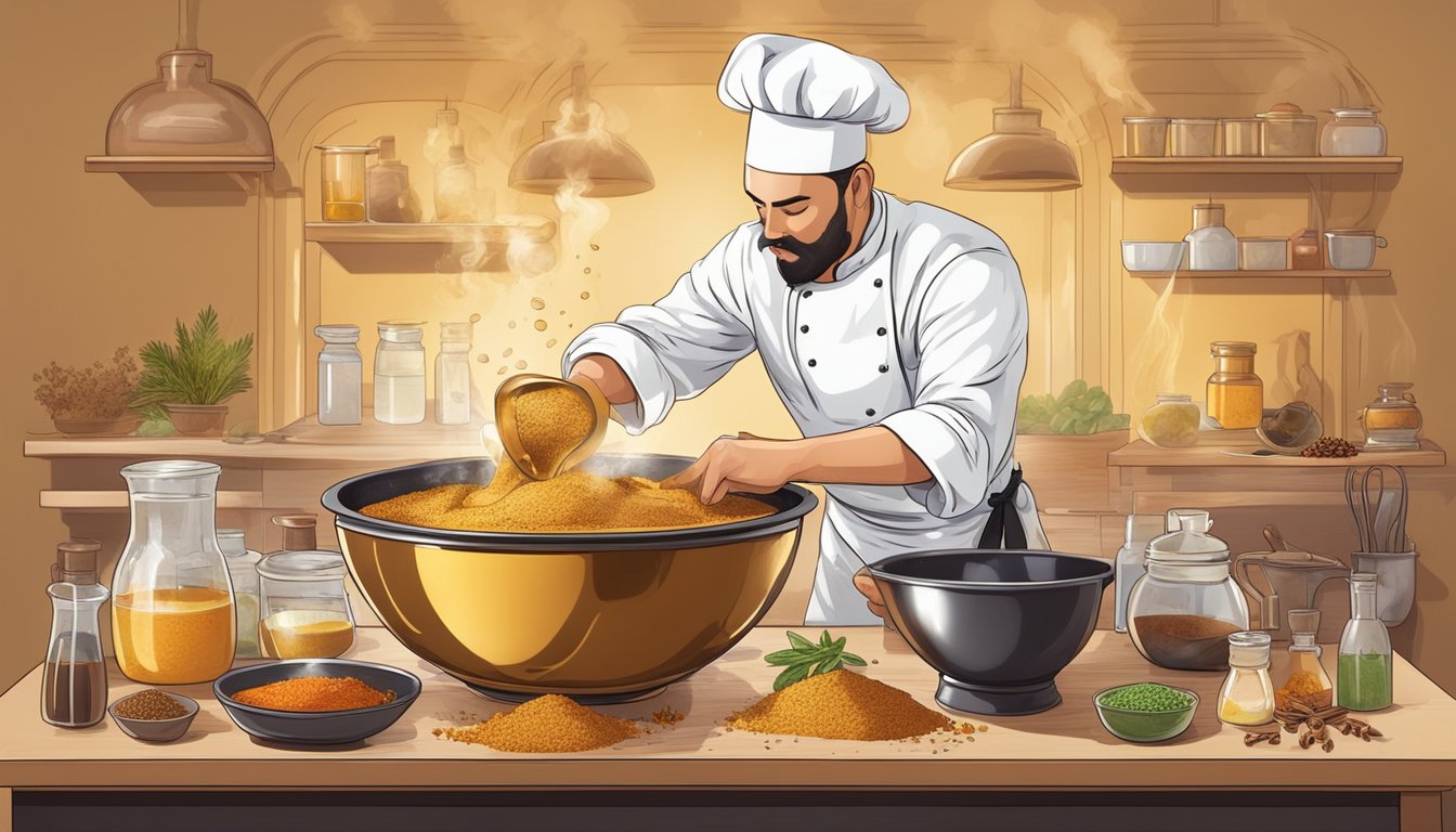 A chef pours a mysterious, golden liquid into a large mixing bowl, surrounded by various spices and ingredients. The steam rises as the sauce begins to take shape