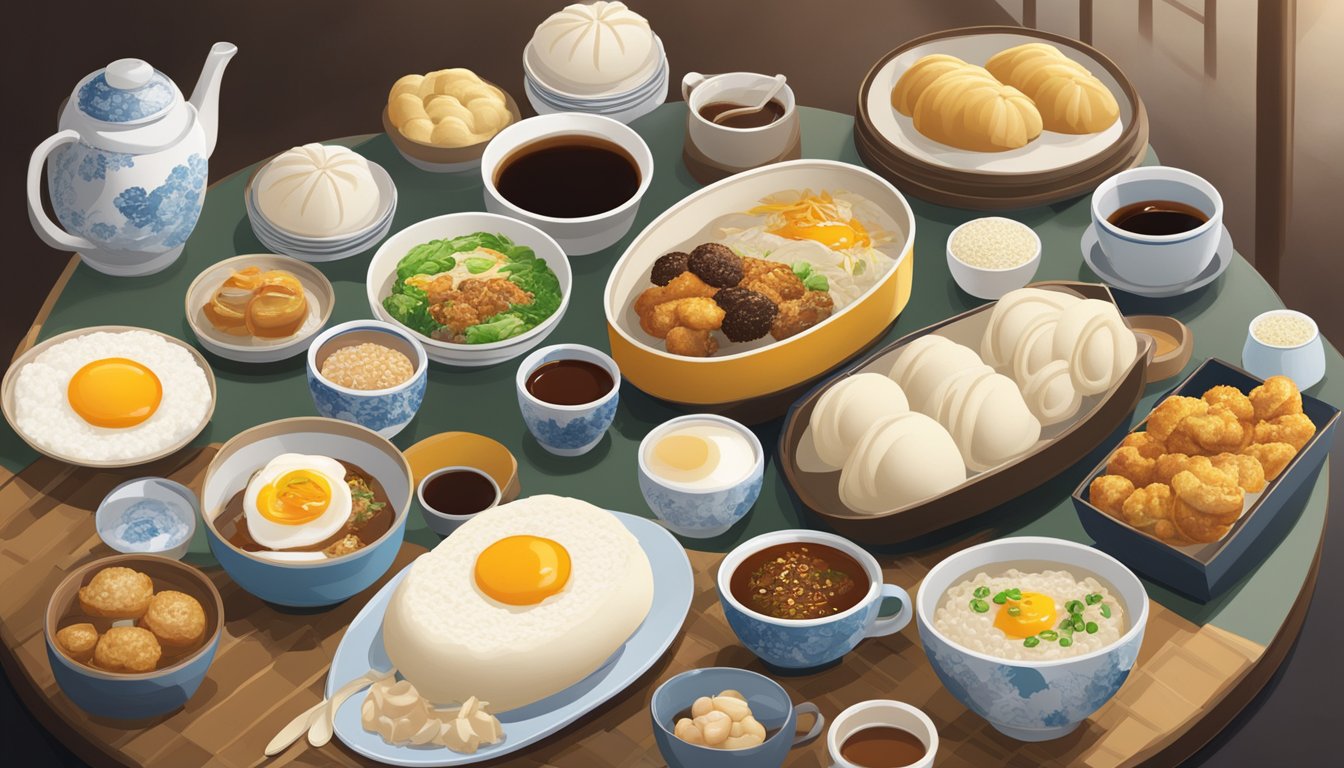 A table displaying a variety of Asian breakfast delicacies from McDonald's around the world. Plates of steamed buns, rice porridge, and dumplings are arranged alongside cups of tea and coffee