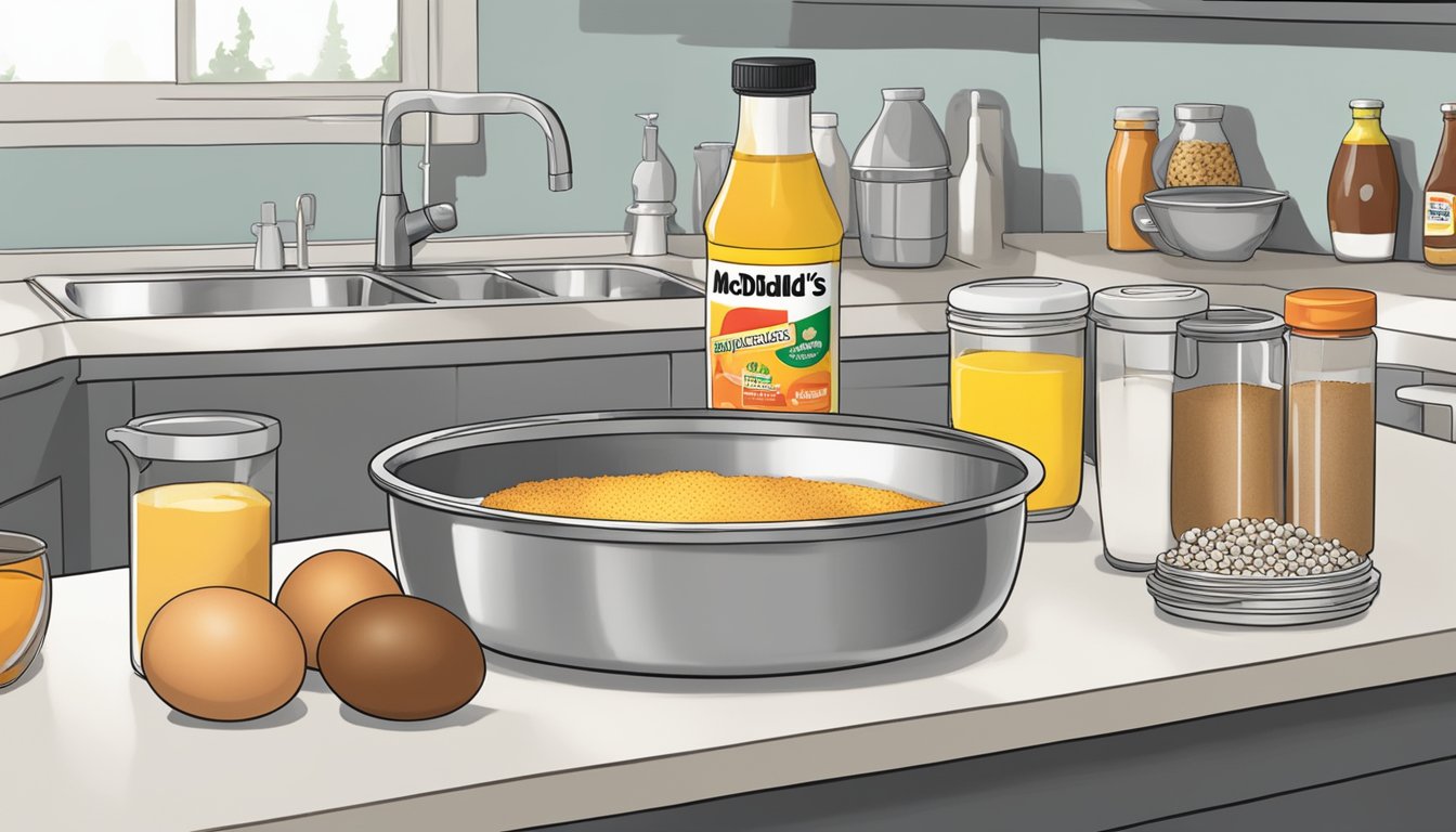 A stainless steel mixing bowl filled with various ingredients, including eggs, vinegar, and spices, sits on a kitchen counter. A small bottle labeled "McDonald's Breakfast Sauce" is being poured into the mixture