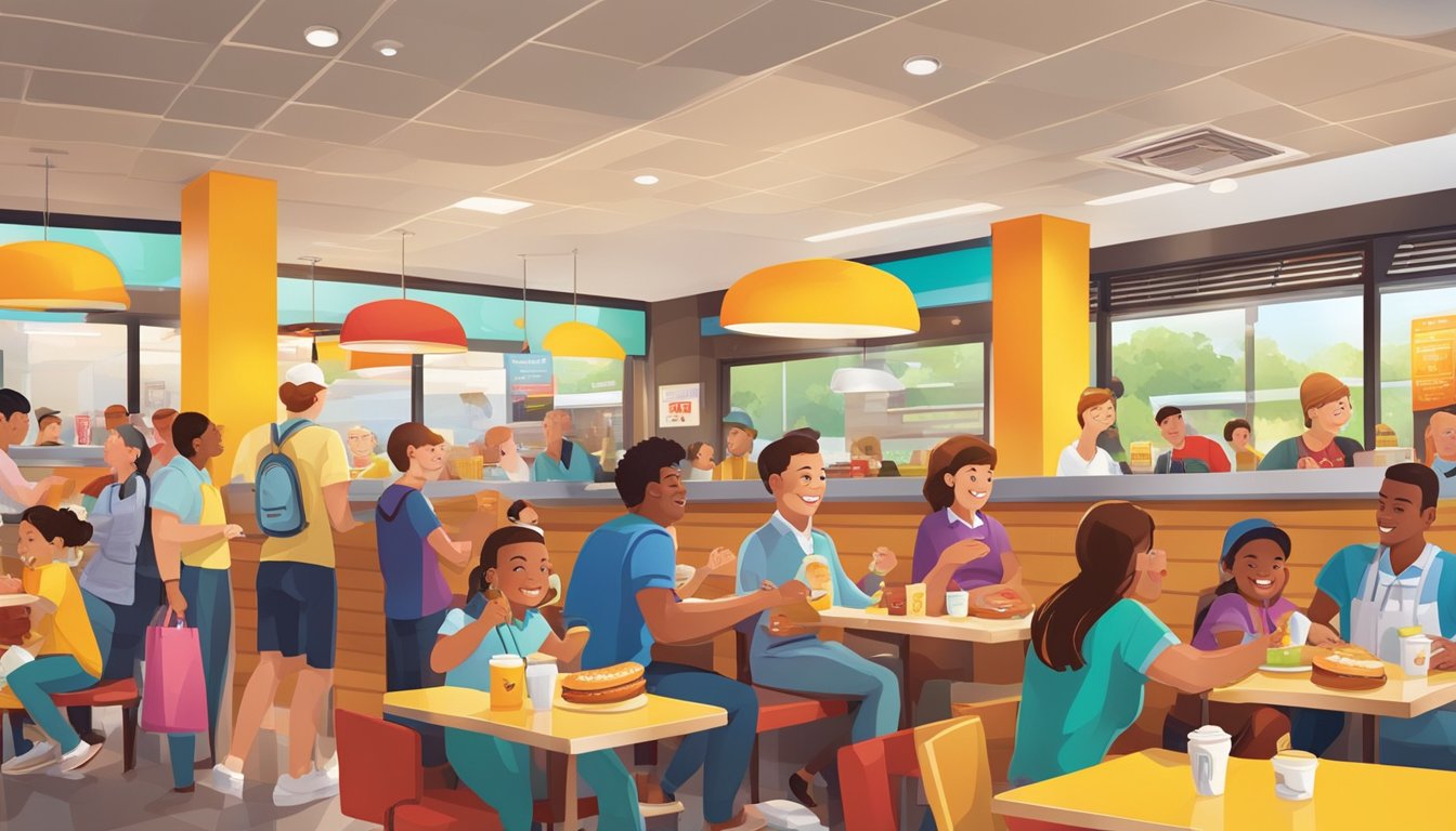 A bustling McDonald's breakfast rush, with colorful signage and happy customers enjoying their meals