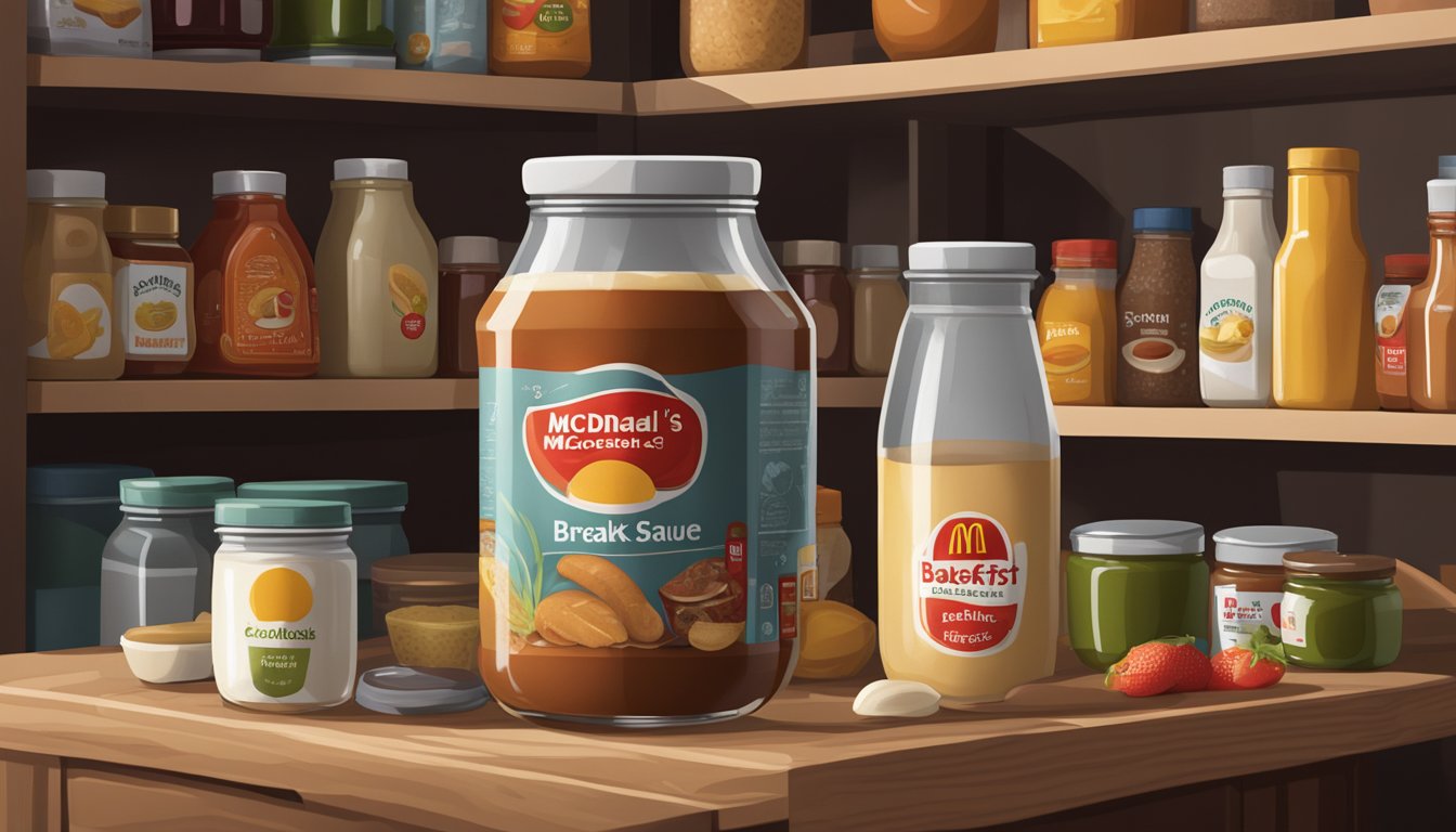 A glass jar of McDonald's breakfast sauce sits on a wooden shelf in a dimly lit pantry, surrounded by other condiments and food items