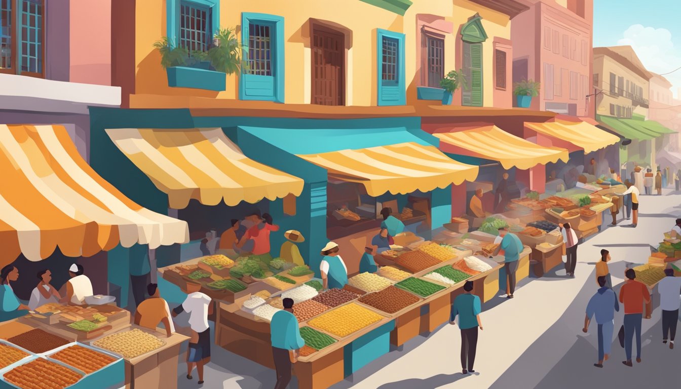 A bustling South American marketplace with colorful food stalls and vendors serving up traditional breakfast dishes