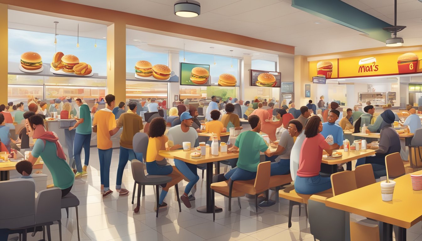 A bustling McDonald's breakfast rush with customers eagerly ordering and enjoying their meals, while the iconic golden arches and branding are prominently displayed throughout the restaurant