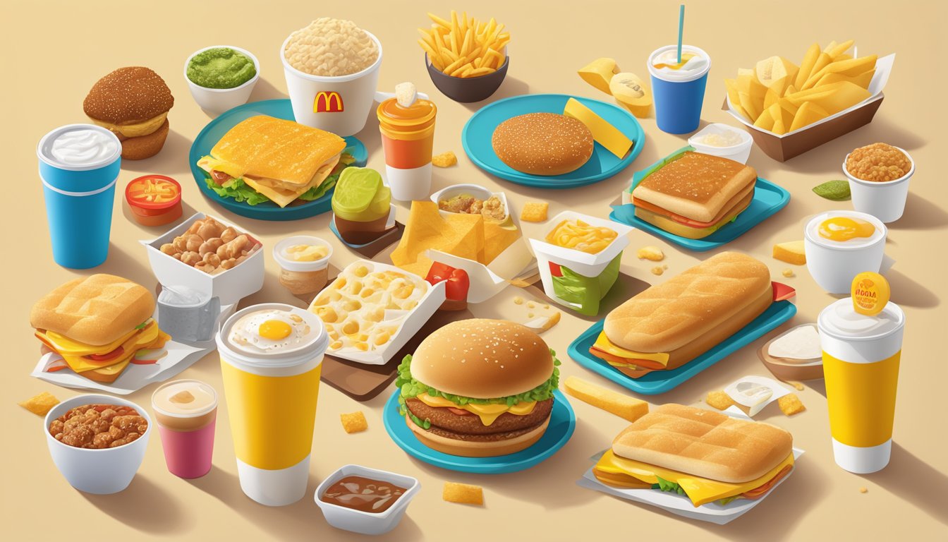 A colorful array of McDonald's breakfast items from around the world, surrounded by nutritional information and health-related symbols