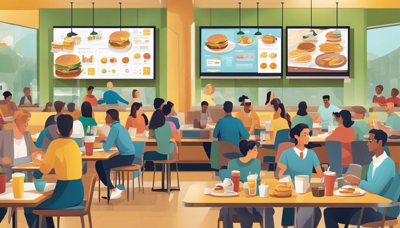 A bustling McDonald's breakfast scene with customers enjoying their meals, while a marketing team analyzes data and charts on a large screen