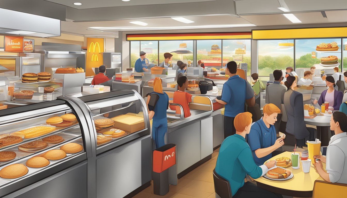 A bustling McDonald's breakfast scene with efficient staff, satisfied customers, and enticing value promotions