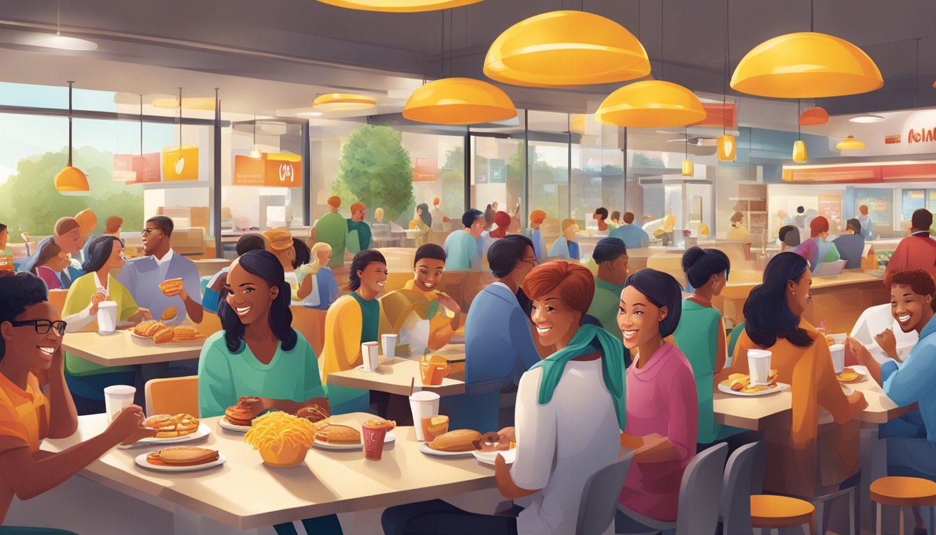 A bustling McDonald's breakfast scene with customers eagerly enjoying their meals while being surrounded by vibrant marketing materials and cheerful staff