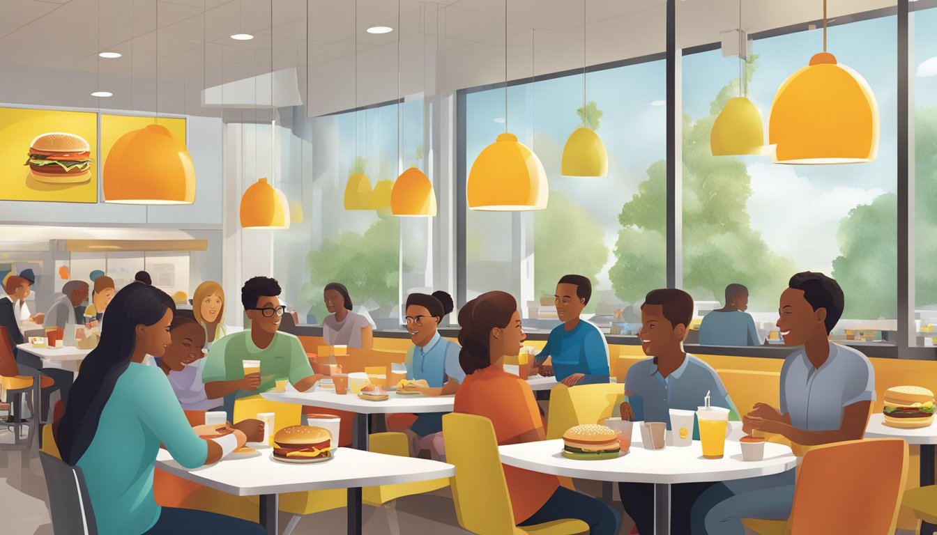 A bustling McDonald's breakfast scene with diverse customers enjoying their meals in a modern, clean environment