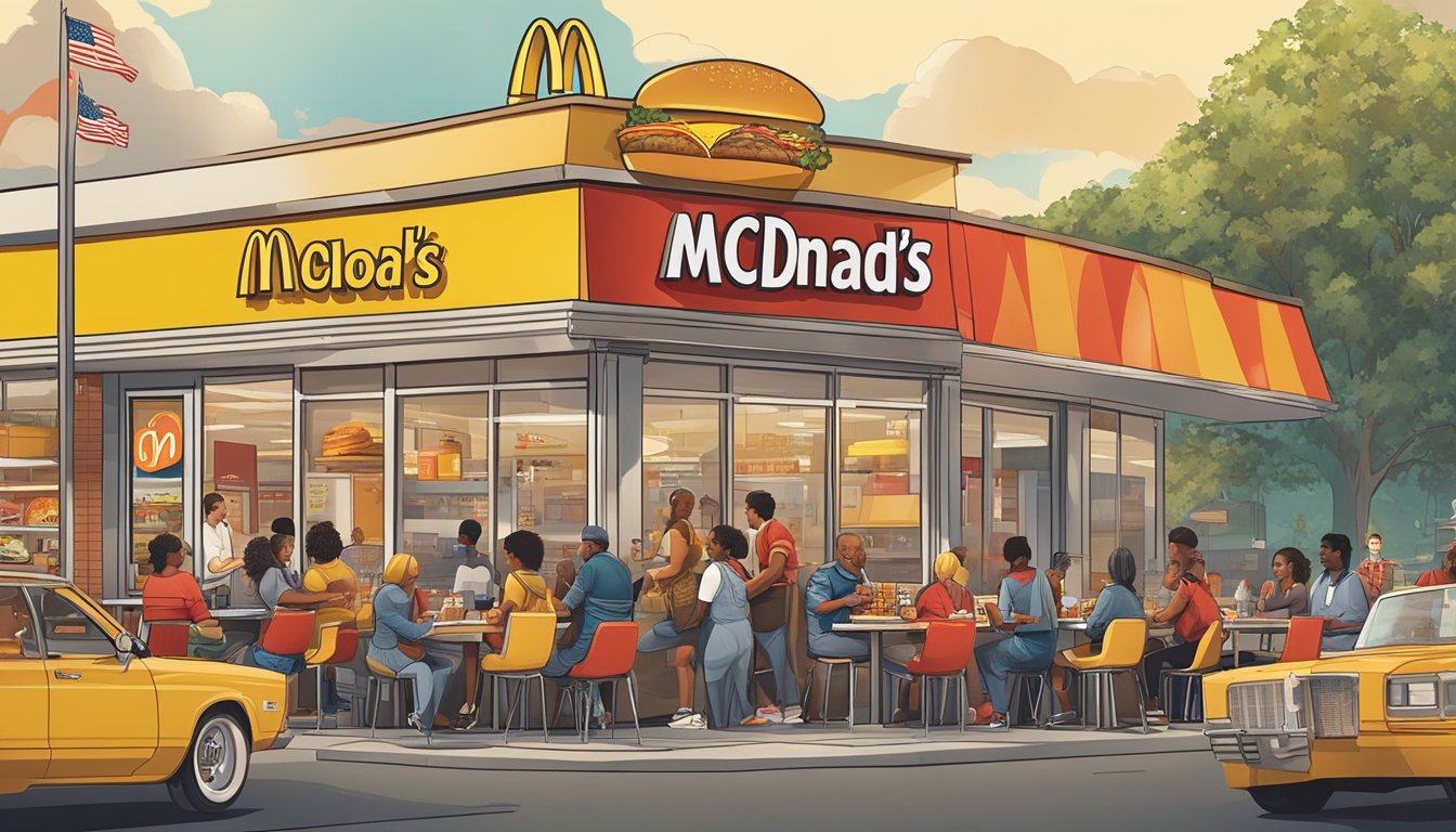 A bustling McDonald's breakfast scene with diverse customers and iconic menu items, set against a backdrop of American symbols and cultural references