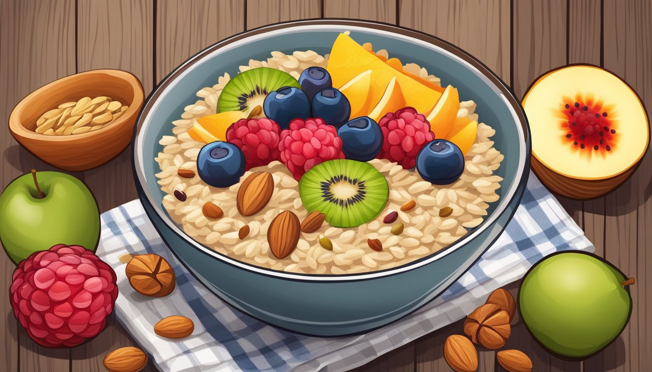 A bowl of oatmeal with a variety of colorful fruits and nuts arranged around it on a wooden table