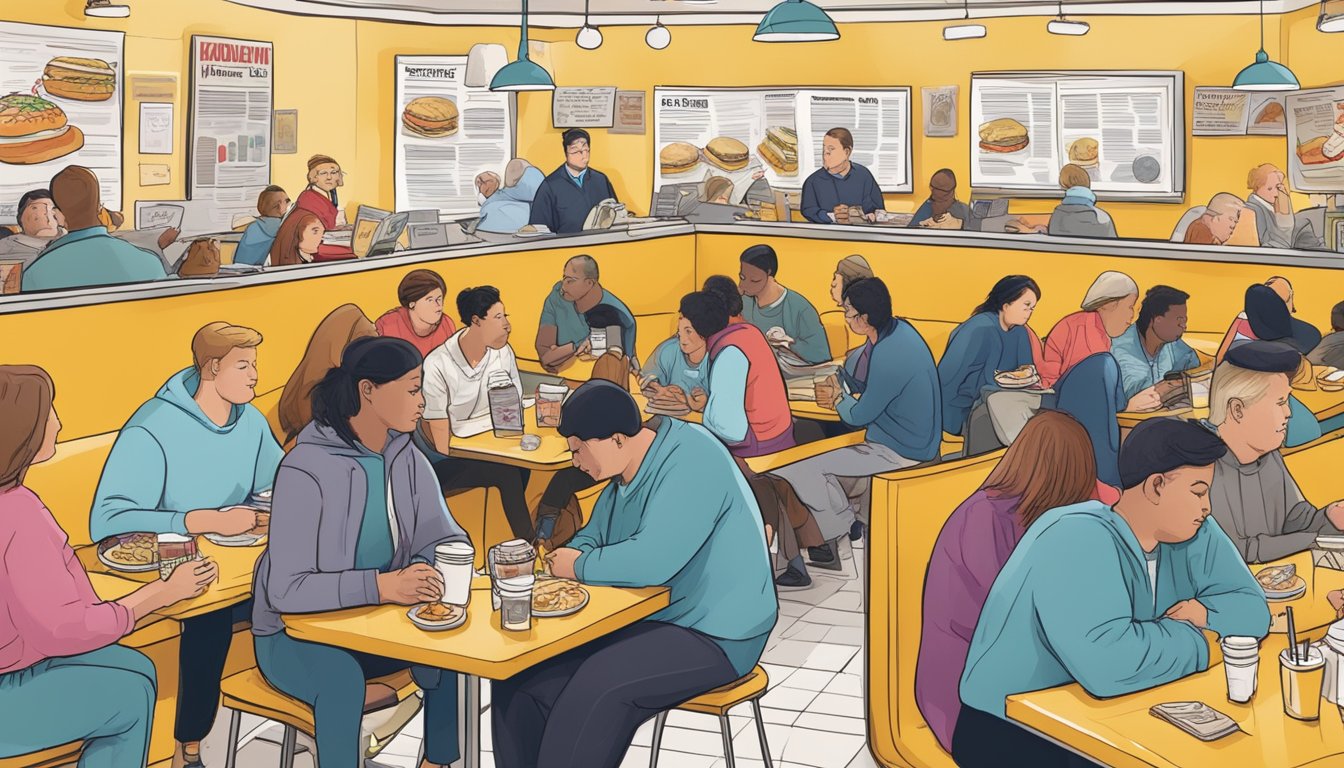 A crowded McDonald's restaurant with people eating breakfast, surrounded by news articles and debates about obesity