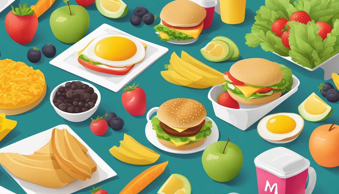 A colorful McDonald's breakfast menu surrounded by fresh fruits and vegetables, with a scale in the background symbolizing the obesity debate