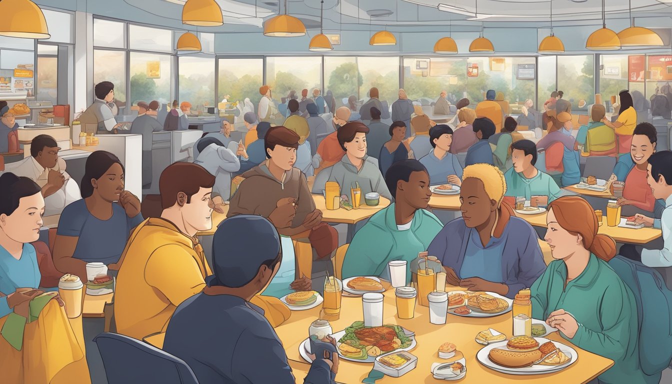 A bustling McDonald's breakfast scene with a mix of customers enjoying their meals, while others debate the impact of fast food on obesity