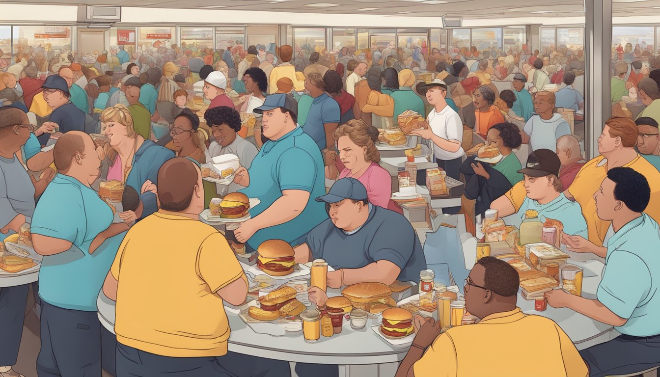 A crowded McDonald's breakfast scene with overweight customers and discarded food wrappers