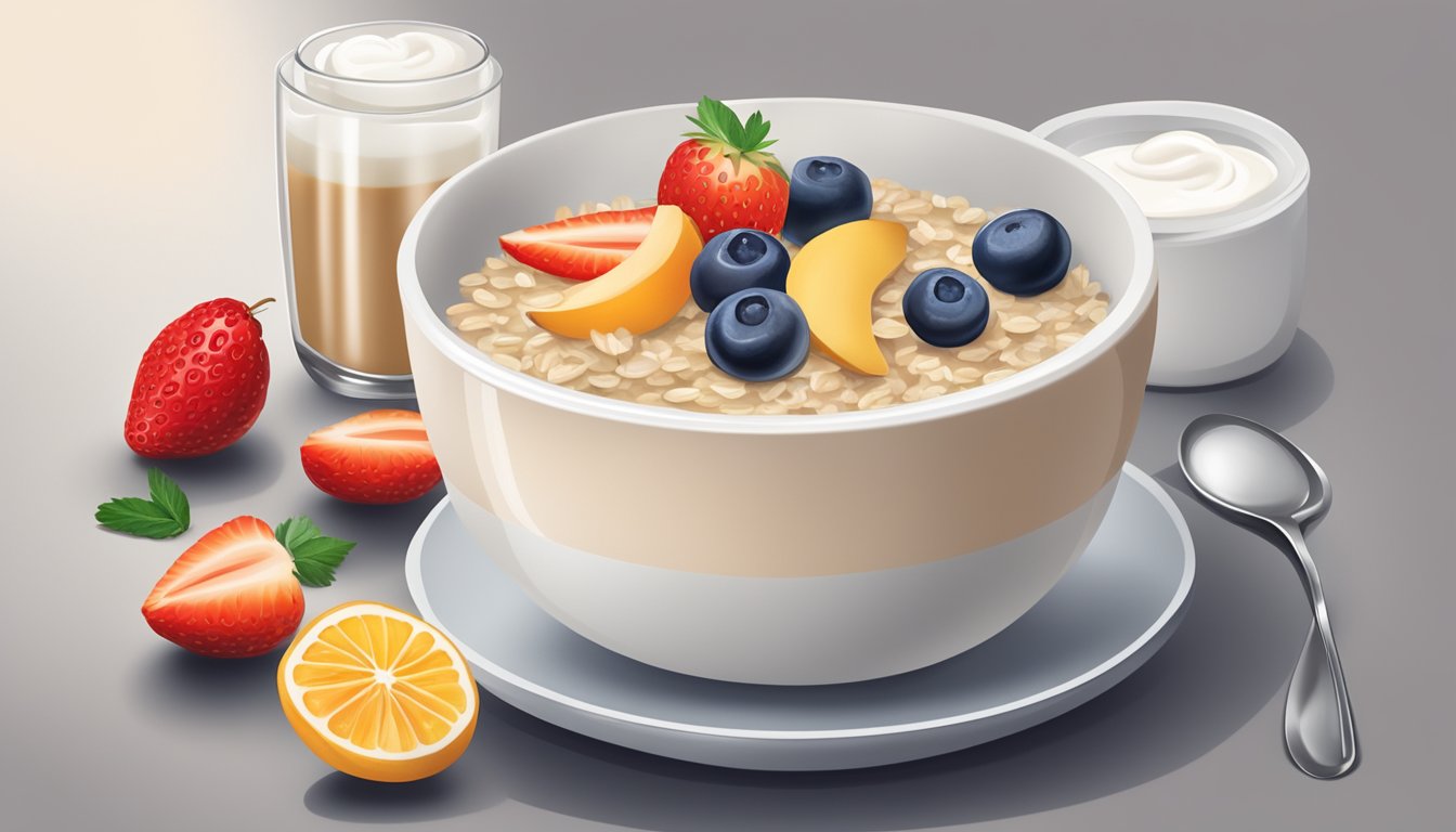 A bowl of oatmeal with fresh fruit and a side of yogurt on a modern table setting