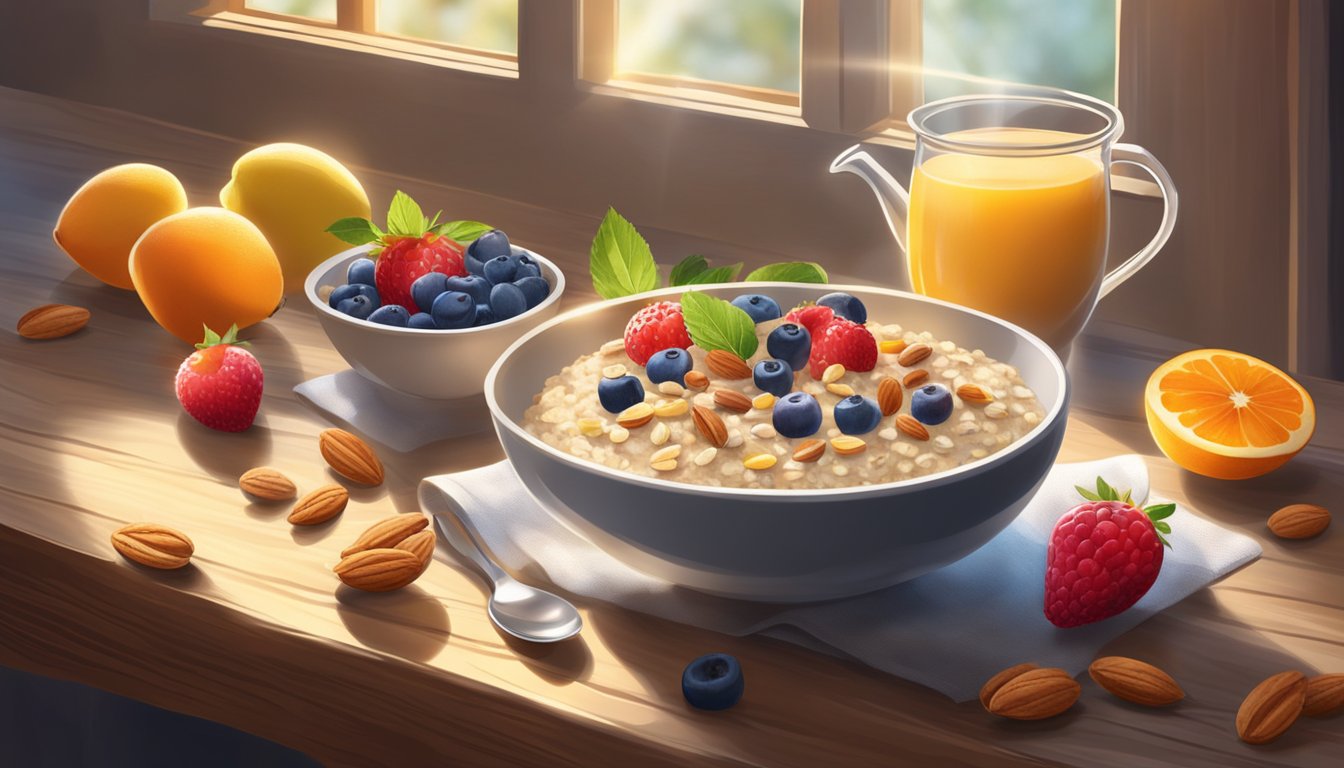 A steaming bowl of oatmeal surrounded by fresh fruit and nuts on a rustic wooden table. Sunlight streams in through a window, casting a warm glow on the wholesome breakfast