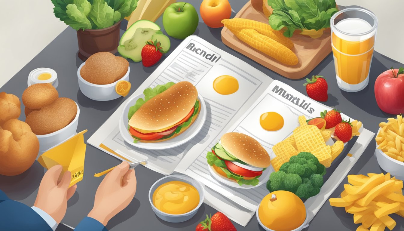 A nutritionist carefully examining McDonald's breakfast menu, surrounded by fresh fruits, vegetables, and a measuring scale