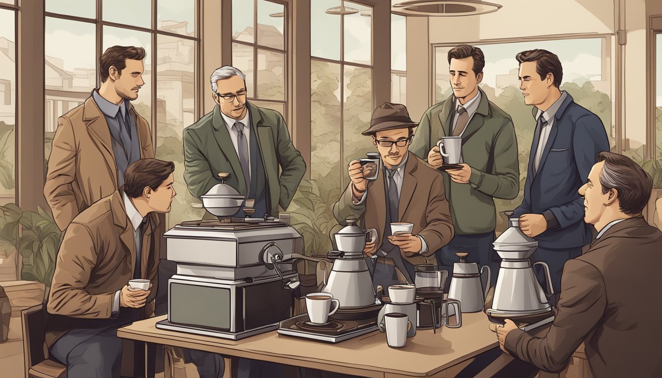 A group of men gather around a small coffee roaster, discussing business and sipping on freshly brewed coffee