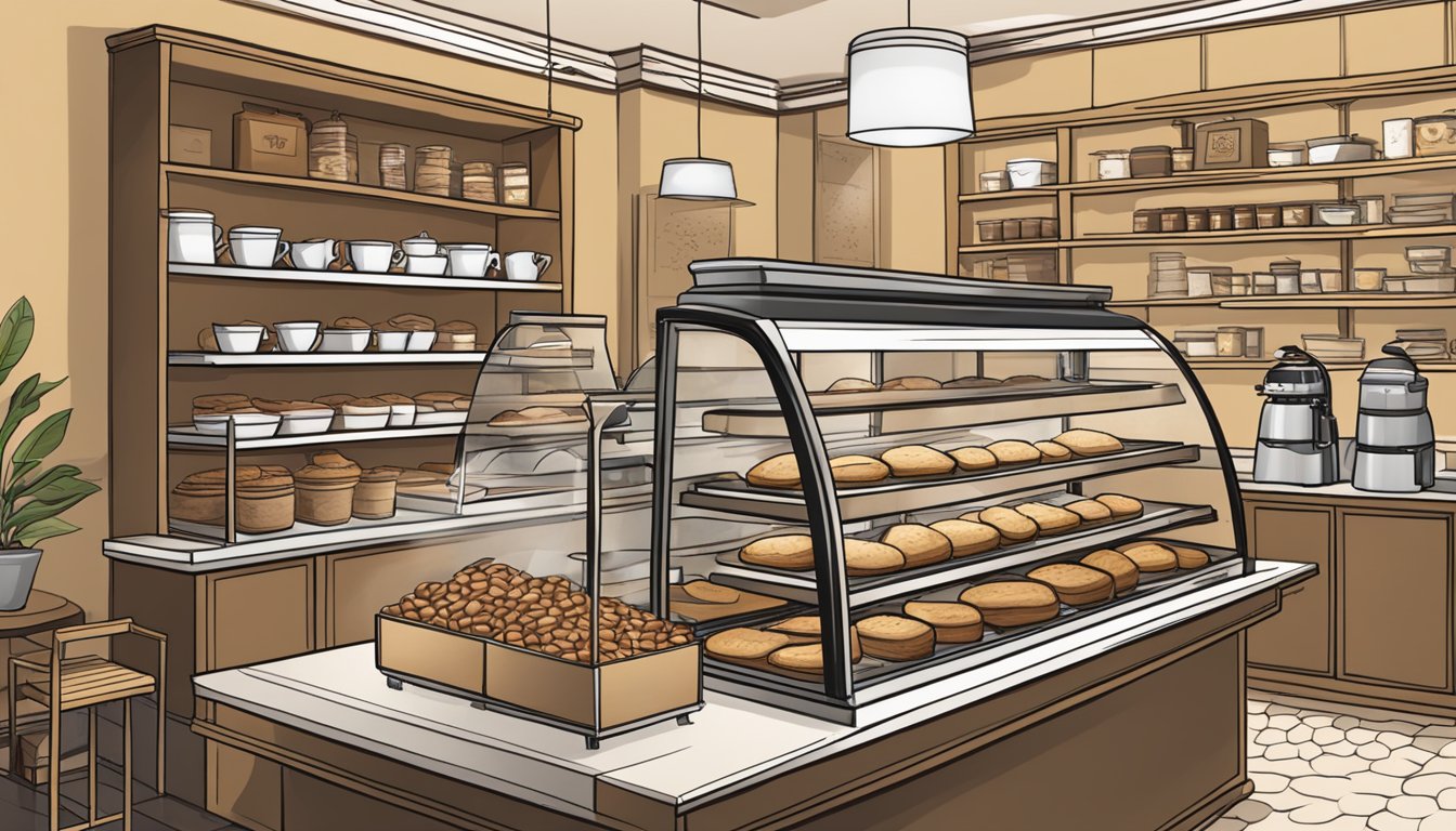 A bustling coffee shop with a small roaster in the corner, shelves stocked with bags of coffee beans, and a display case filled with freshly baked pastries