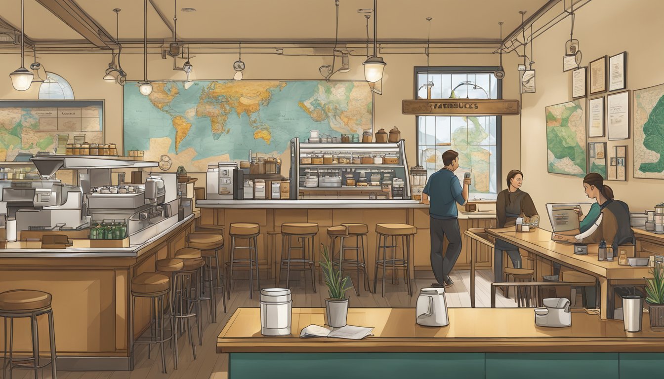 A bustling coffee shop with a globe and map on the wall, showcasing the expansion of Starbucks from local origins to a global presence