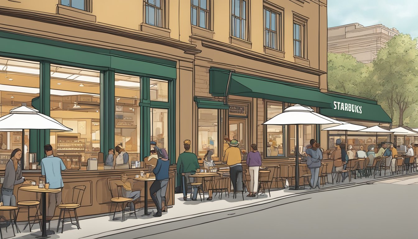 A bustling Starbucks store with customers enjoying the modern egg bites, while a vintage coffeehouse in the background shows the evolution of the popular breakfast item