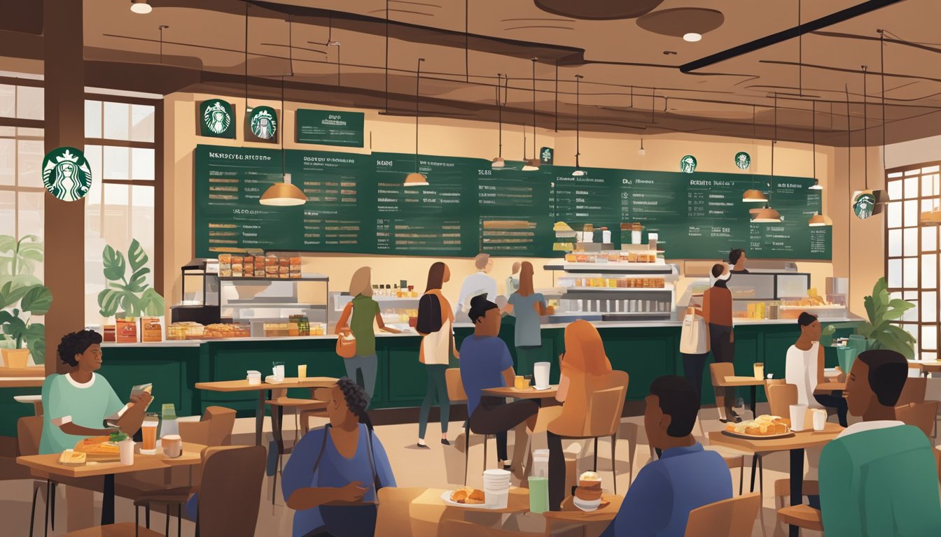 A bustling Starbucks store with a variety of breakfast items and drinks displayed on the menu board. Customers are seen enjoying their meals at tables