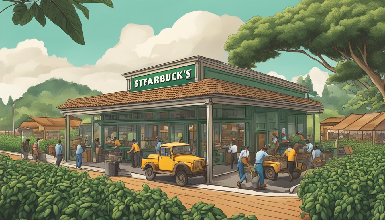 A bustling coffee plantation with workers harvesting beans, while a historic Starbucks storefront sits in the background