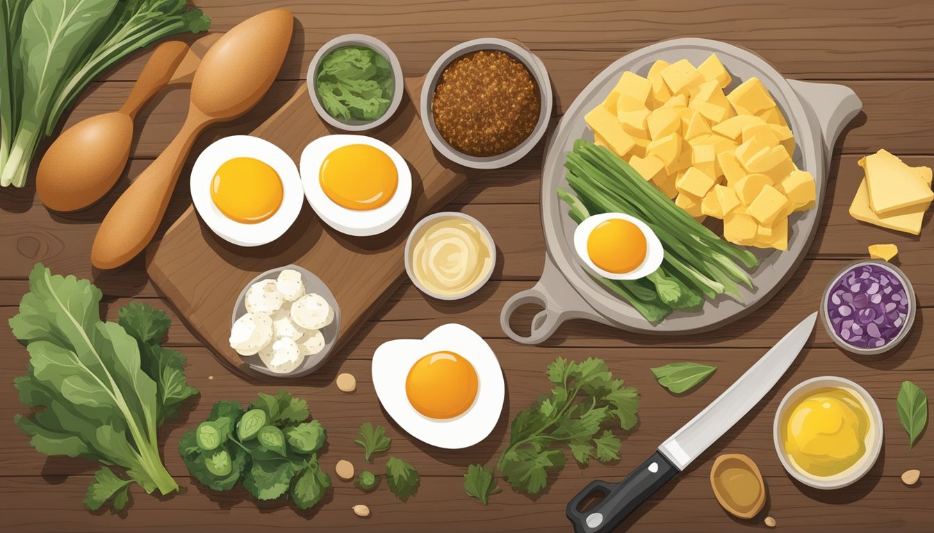 A close-up of the key ingredients for Starbucks' Egg Bites arranged on a rustic wooden cutting board, including eggs, cheese, and various vegetables