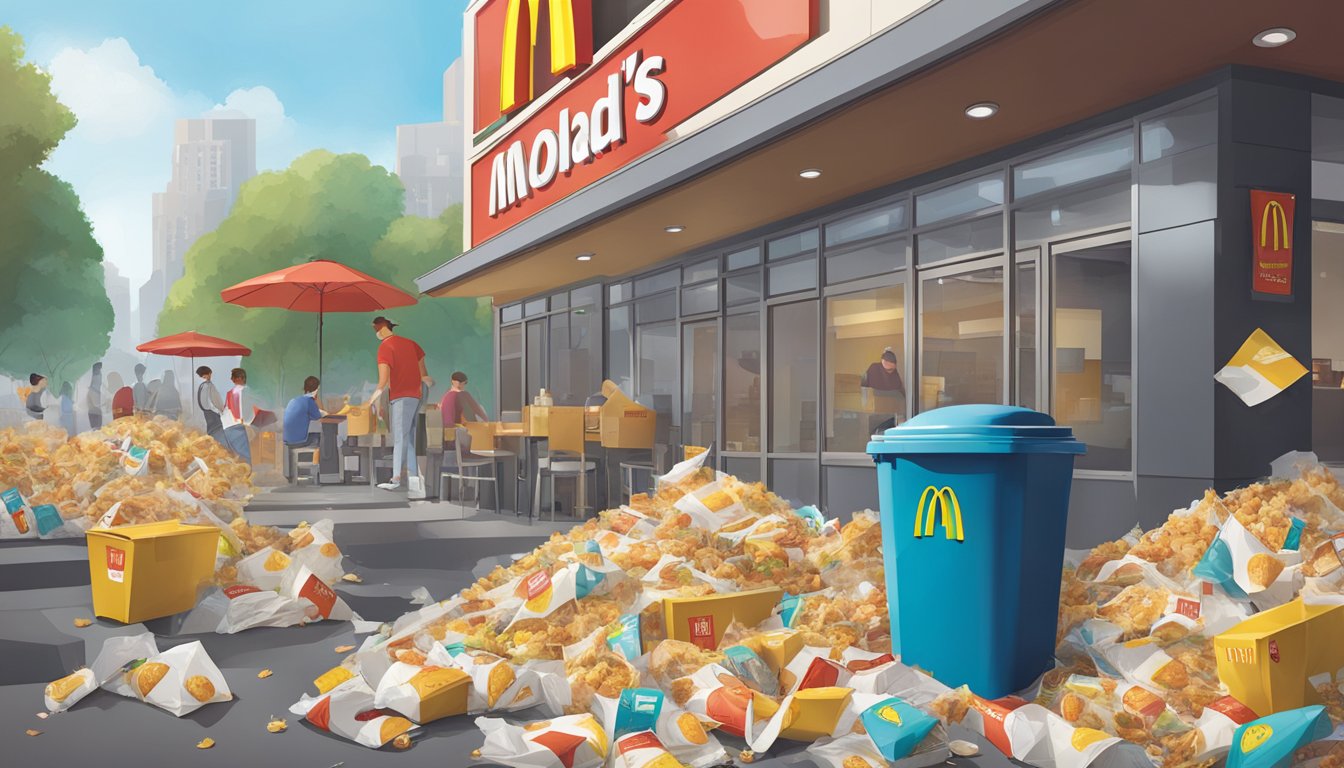 A bustling McDonald's restaurant with breakfast packaging being discarded into overflowing trash bins, while the global map is displayed on the wall