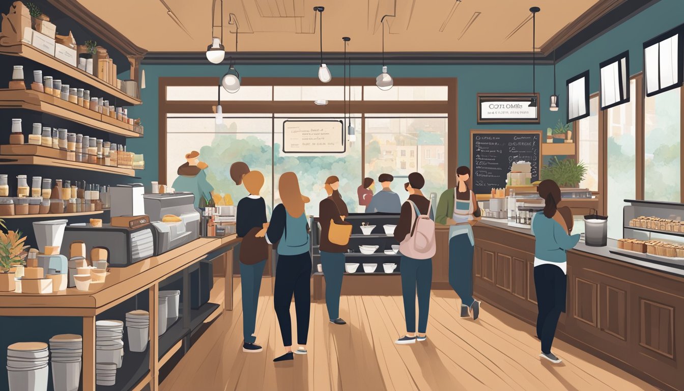 A bustling coffee shop with a line of customers, shelves stocked with freshly roasted coffee beans, and a chalkboard menu showcasing breakfast options