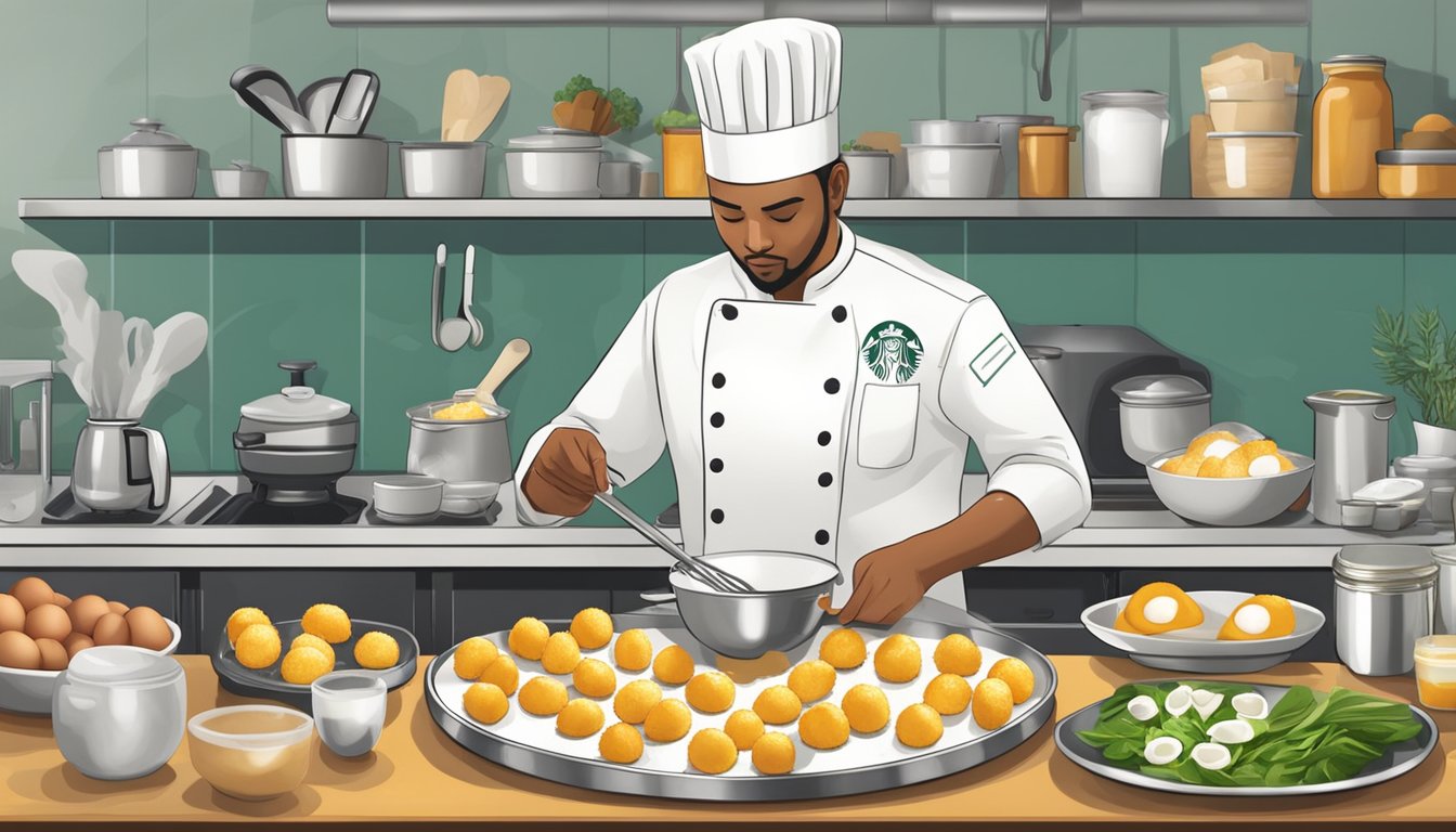 A chef carefully prepares a tray of Starbucks' Egg Bites, surrounded by various ingredients and kitchen utensils