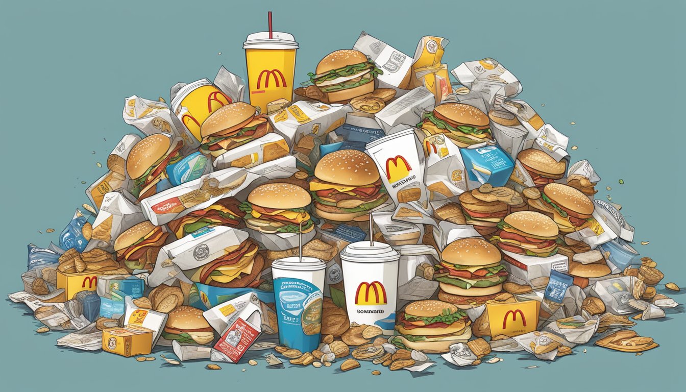 A pile of discarded McDonald's breakfast packaging surrounded by corporate logos and environmental certification symbols