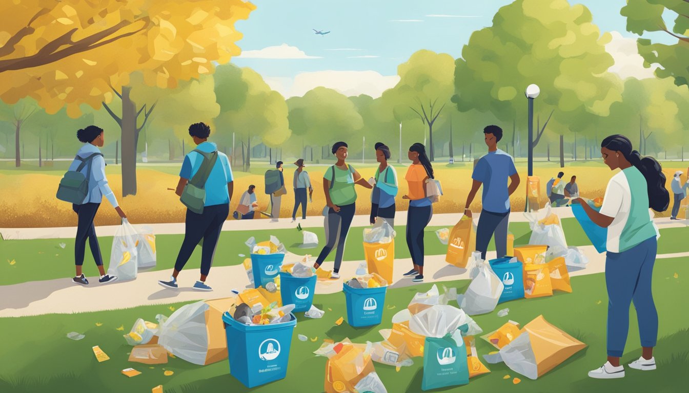 A group of people gathering trash from a park, with a focus on McDonald's breakfast packaging. They are sorting and recycling the materials while discussing environmental impact