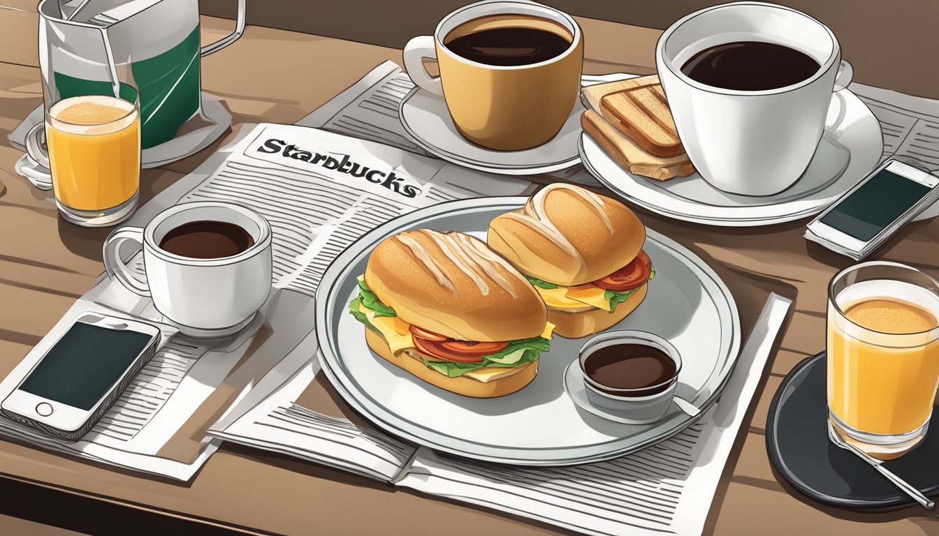 A table set with a tray of Starbucks Classic Breakfast Favorites, including a sandwich, pastry, and coffee, with a newspaper and smartphone nearby