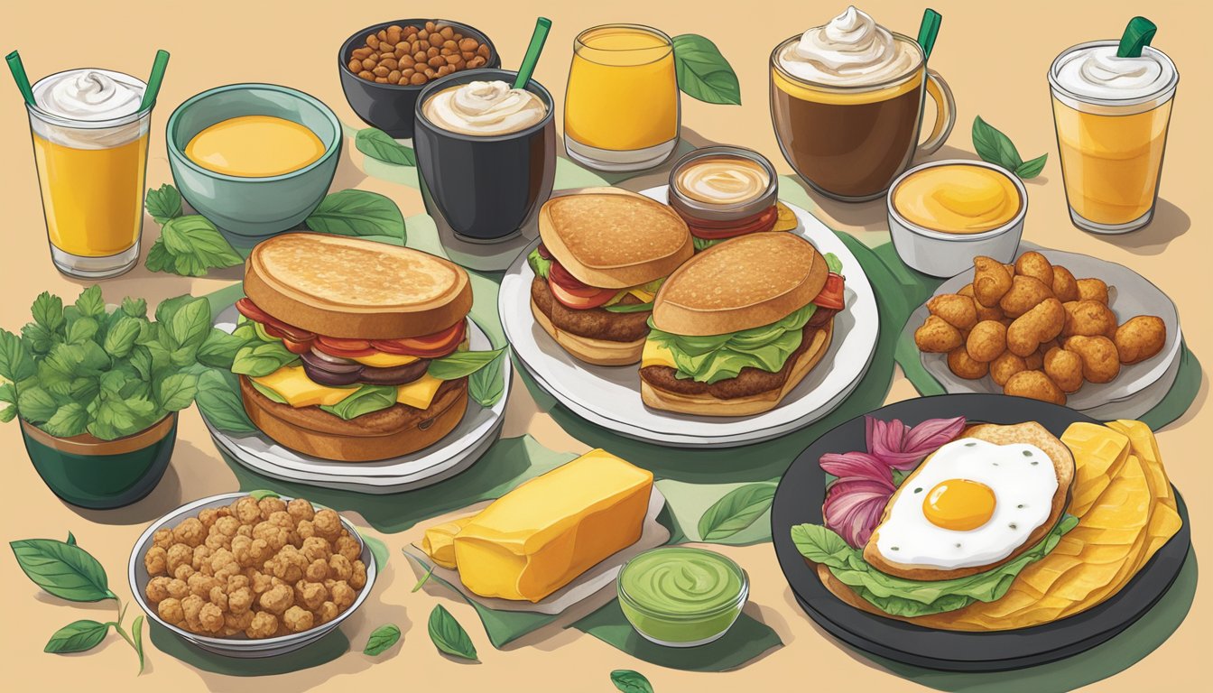 A colorful array of plant-based and vegetarian breakfast items displayed on a Starbucks menu board