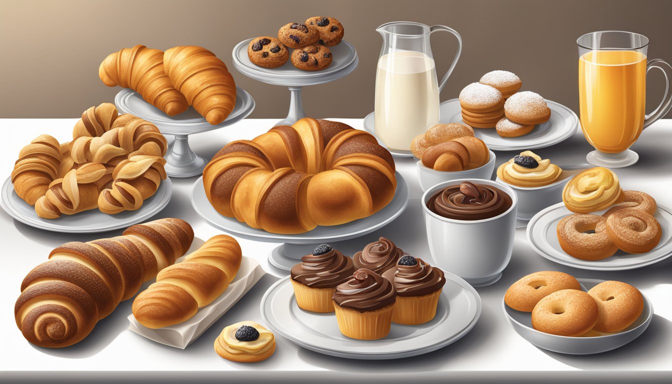 A table displays a variety of pastries and breads, including croissants, muffins, and bagels, alongside a selection of cookies and other sweet treats