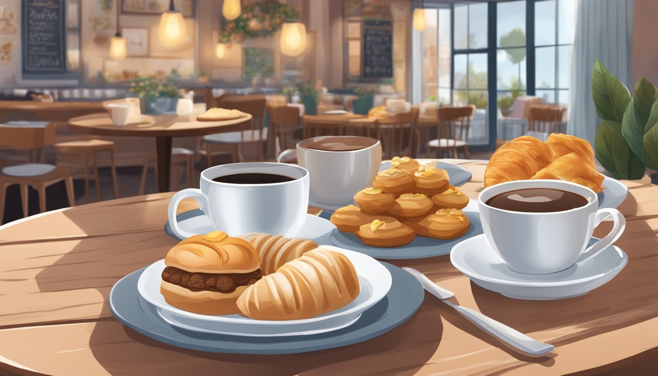 A cozy cafe setting with a variety of pastries, coffee cups, and seasonal decorations on a table