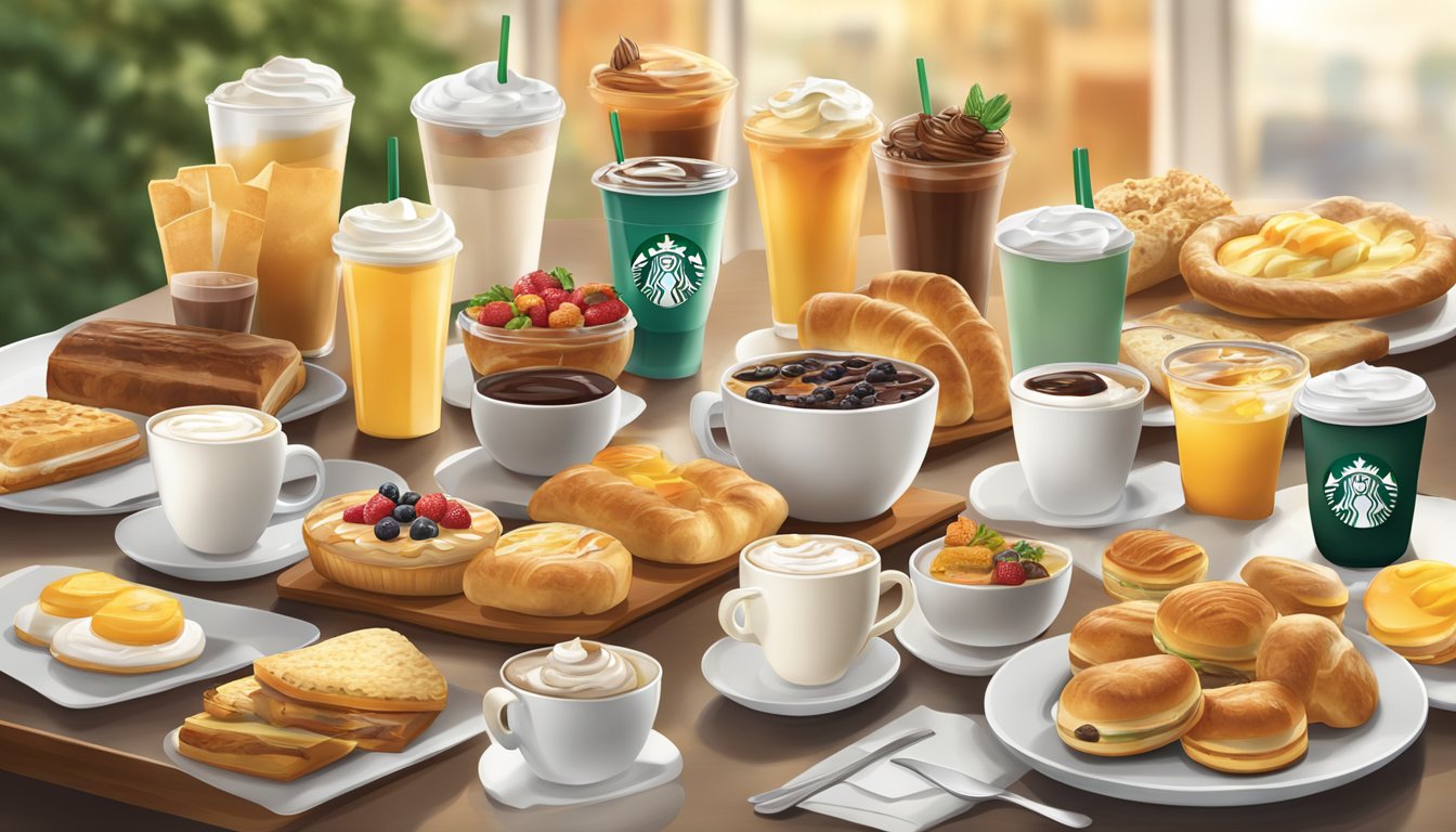 A table with a variety of Starbucks breakfast items, such as pastries, sandwiches, and yogurt parfaits, displayed alongside a selection of hot and cold beverages