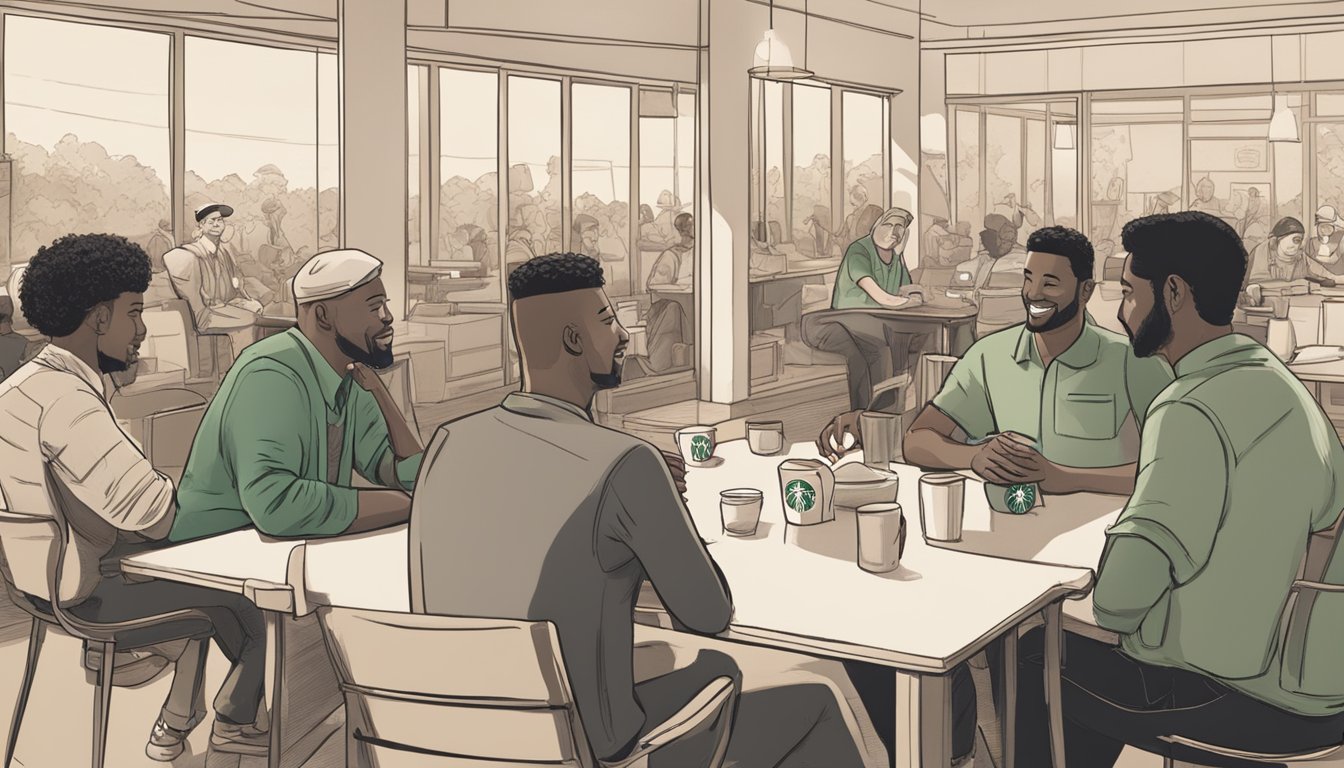 A group of farmers and Starbucks representatives sit around a table, discussing and exchanging ideas. The farmers are smiling and engaged, while the Starbucks representatives listen attentively. The scene is warm and inviting, with a sense of collaboration and respect