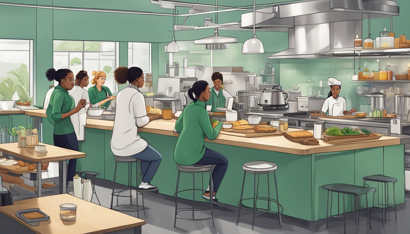 A team of Starbucks employees brainstorm and taste-test new breakfast items in a modern test kitchen, surrounded by ingredients and cooking equipment