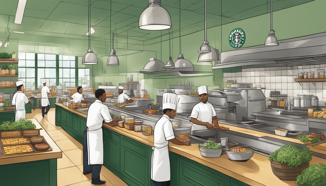 A bustling Starbucks kitchen with chefs creating new breakfast items using sustainable and responsibly sourced ingredients