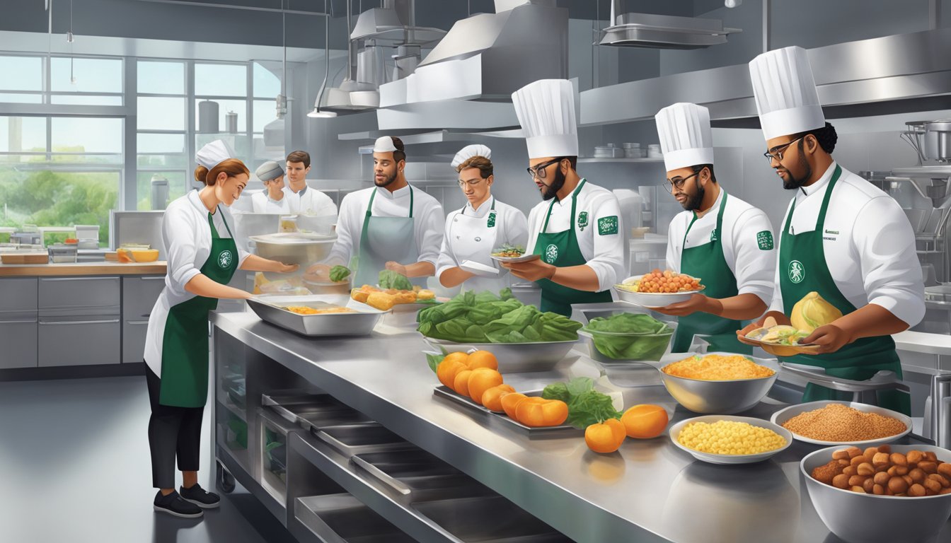 A team of Starbucks chefs and food scientists collaborate in a modern test kitchen, experimenting with fresh ingredients and innovative recipes for new breakfast menu items