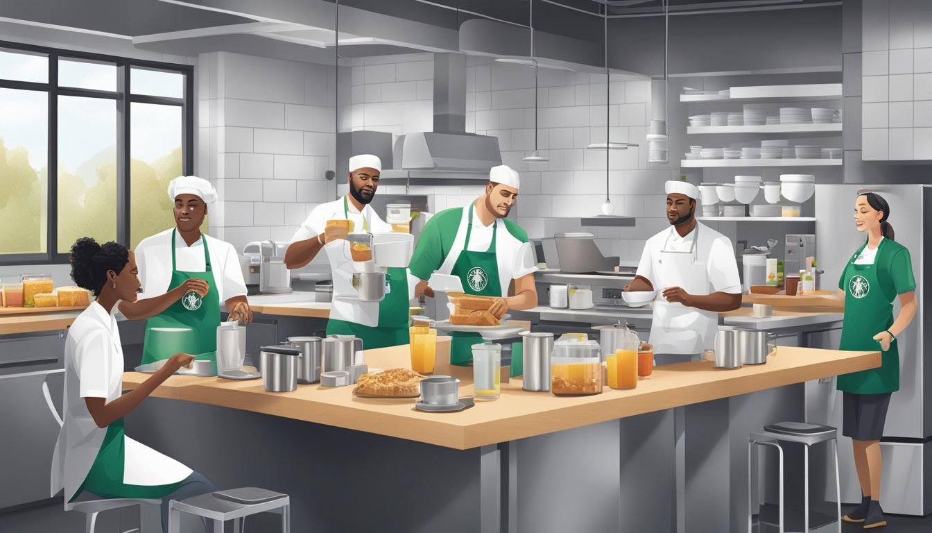 A team of Starbucks employees brainstorming and taste-testing new breakfast items in a modern kitchen laboratory