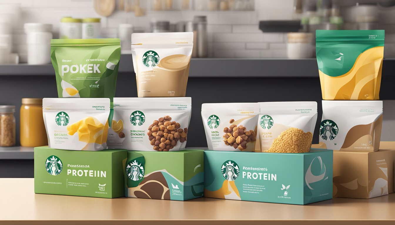 A display of colorful protein boxes arranged on a clean, modern counter at Starbucks, with fresh ingredients and appealing packaging