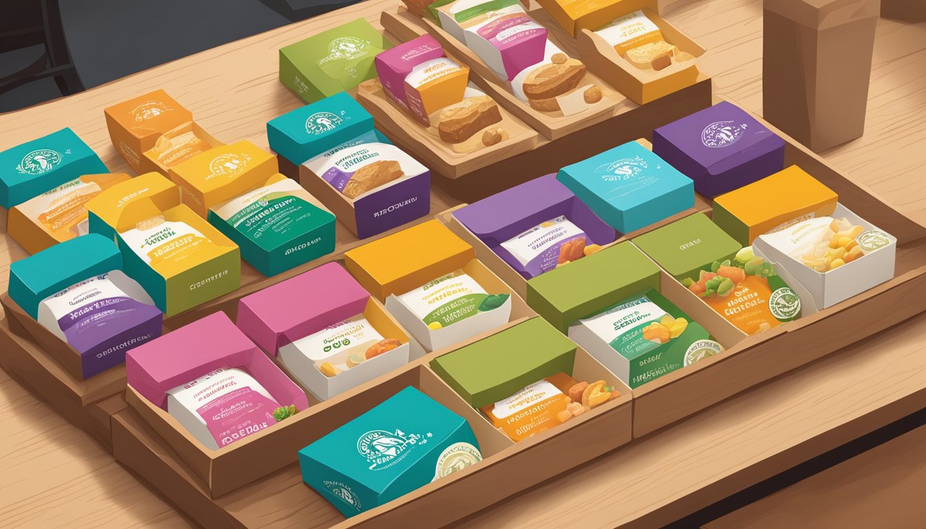 A colorful display of protein boxes arranged on a wooden countertop at a bustling Starbucks cafe. Each box features a variety of nutritious and appealing ingredients